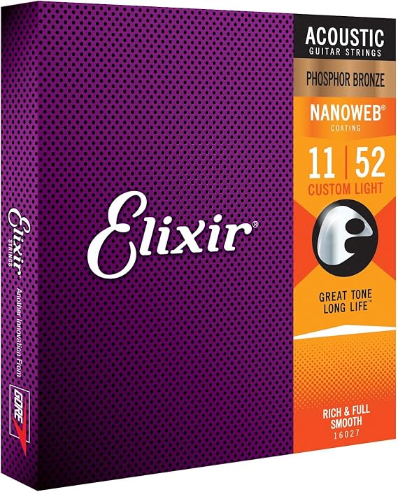 Elixir Phosphor Bronze Nanoweb 16027 Custom Light 11-52 Acoustic Guitar Strings 3-Pack w/Bonus Elixir Pick