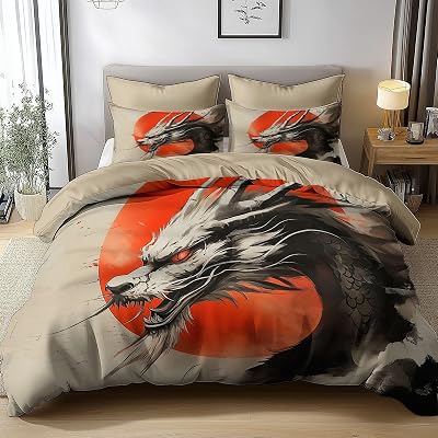 Duvet Cover Queen Size, Reversible King Duvet Cover Set with Pillowcases Zipper Closure, Chinese Dragon Abstract Element Microfiber Bedding Set with 4 Ties, Khaki
