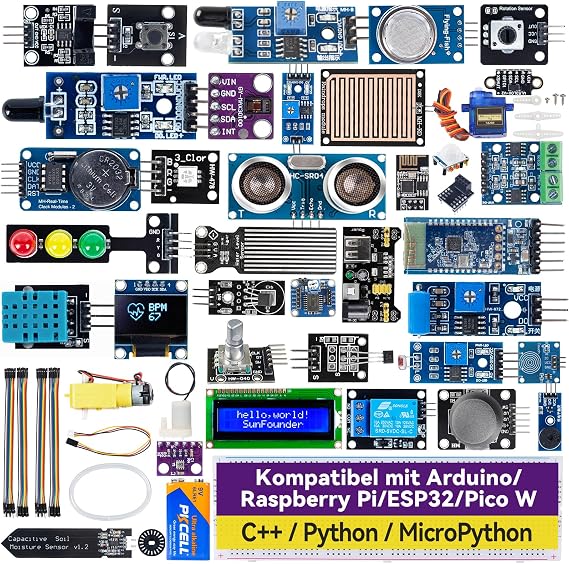 SunFounder Universal Maker Sensor Kit Compatible with Arduino Mega/R3/R4 Minima/WiFi Nano Raspberry Pi 5/4B/3B+/Zero 2W/ Pico W ESP32 C++ Python MicroPython Beginners & Technicians