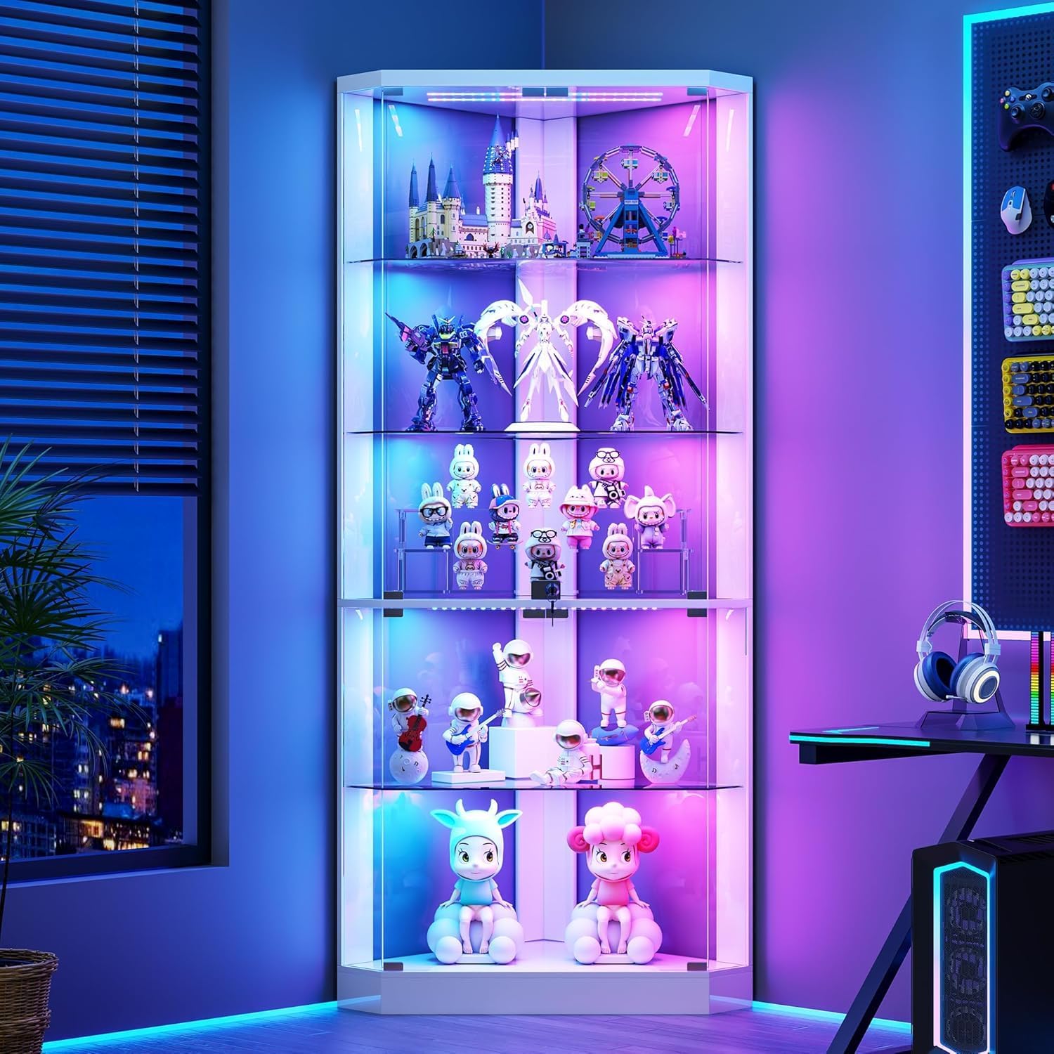 Gurexl 69 '' Display Cabinets with Glass Doors and Dynamic lighting,Corner Display Case with Human Sensor and Adjustable Shelves,Modern Curio Storage Cabinet with 5 Tier for Living Room, Bedroom,White