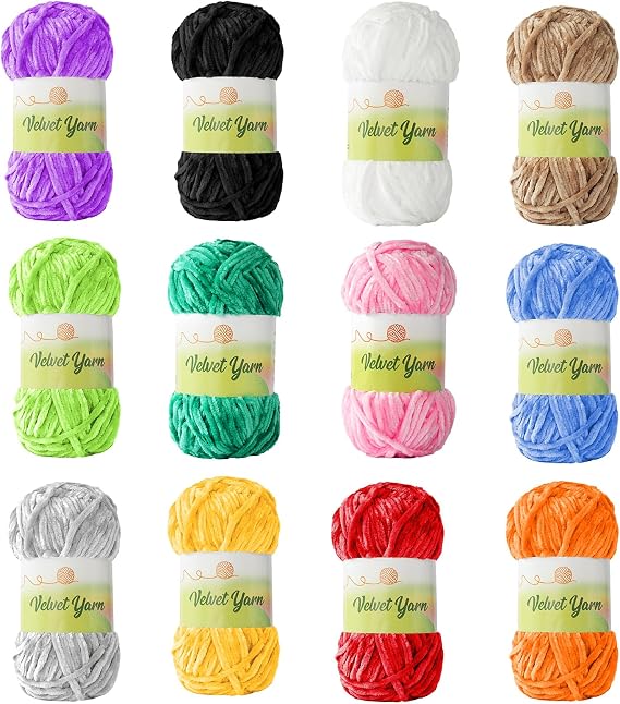 Velvet Yarn,12 Pack of Fluffy Bulky Soft Chenille Yarn for Crocheting and Knitting,DIY Crafts,Plush Projects (100g/3.5oz,87 Yards Each,12 Skeins,Mixed Color)