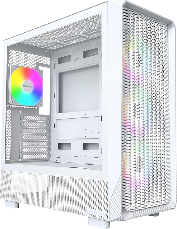 Montech X5- ATX Mid-Tower Oyun Bilgisayarı Kasası, Yüksek Hava Akışı, 3X 140mm ve 1x 120mm ARGB Fanlar Önceden Yüklenmiş, Cam Yan Panel, Karbon Baskı Vurguları, GPU Tutucu Dahil, Beyaz