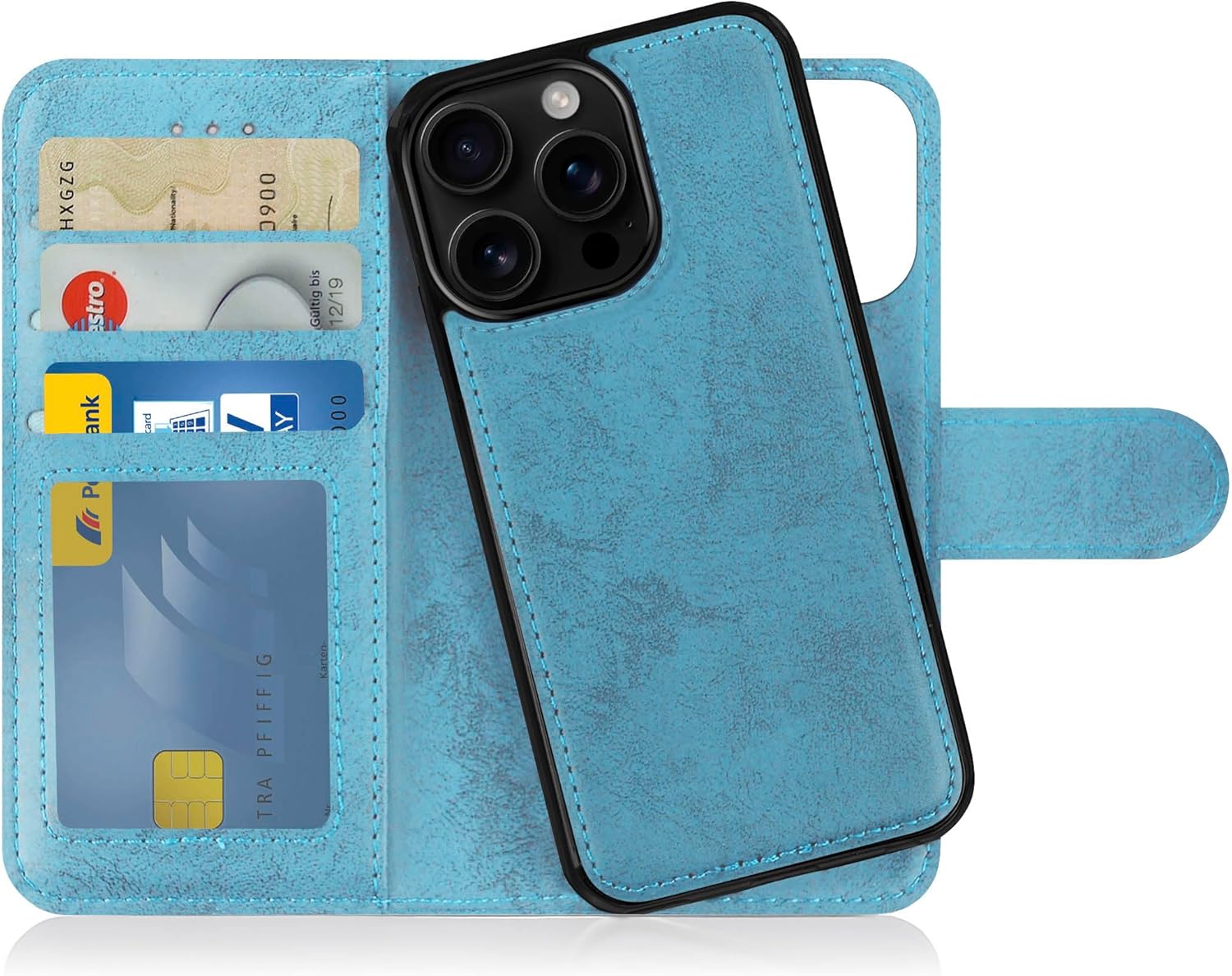MyGadget Flip Case for iPhone 16 Pro Removable Magnetic Case Faux Leather Mobile Phone Case Flip Case with Card Slot Protective Case in Light Blue