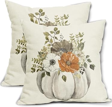 Sweetshow Fall Pillow Covers 18x18 Set of 2 Autumn Watercolor Pumpkin Flower Leaves Print Throw Pillows Thanksgiving Outdoor Decorative Case Linen Cushion Farmhouse Decor for Home Couch Sofa Bed