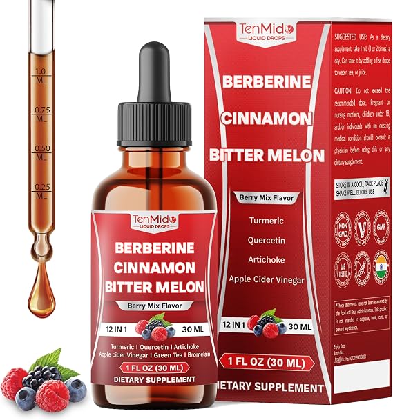 12in1 Berberine Supplement - Berberine Liquid Drops with Ceylon Cinnamon, Bitter Melon, Turmeric, Quercetin, Artichoke, Apple Cider Vinegar, Green Tea & More - 30 Days Supply - 1FL Oz