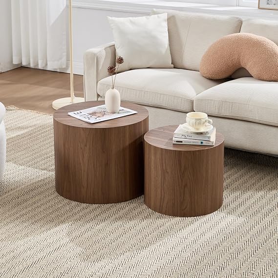Ya-Home Round Coffee Tables Side Table Set of 2, Wood Nesting End Table for Living Room Balcony Office, Walnut Wooden Color, No Assembling