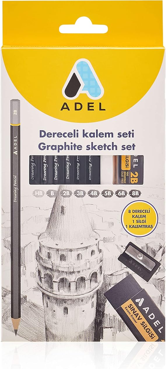 Adel Dereceli Kurşun Kalem Seti, 8’li, HB-8B, Sınav Silgisi ve Kalemtıraş Hediyeli, Teknik Çizim ve Eskiz İçin