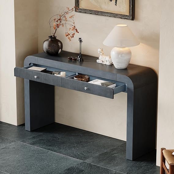 LUMISOL Farmhouse Console Table with Drawers, Long Entryway Table with Curved Corners & Thick Legs, Sturdy Sofa Table for Entryway Hallway Living Room (Dark Navy)