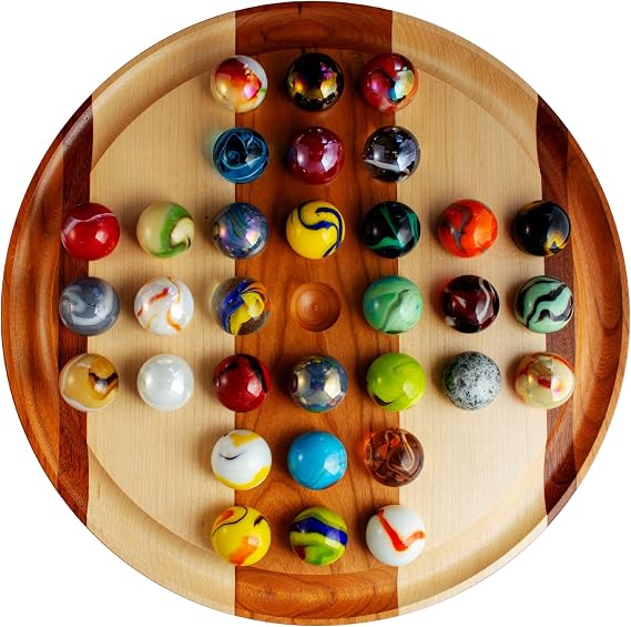 Handmade Marble Solitaire Board Game w/Glass Marbles (16", High Contrast)