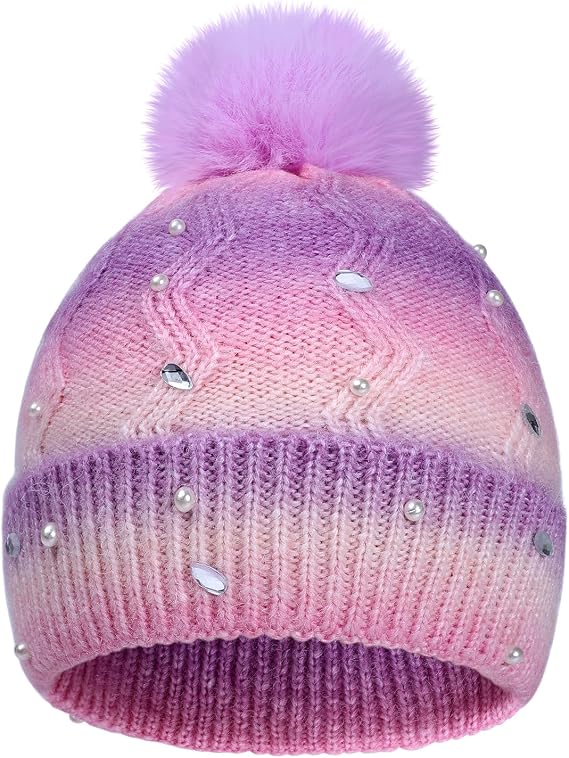 Kids Winter Knit Hat with Pompom - Sparkly Sequin & Pearl Rhinestone Beanie, Warm Ski Cap for Boys & Girls Ages 3-14(Pearls-Pink Purple,7-14 Y)