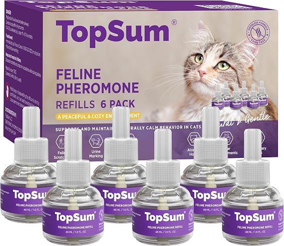 TopSum Cat Calming Pheromone Diffuser: Feline Pheromones Plug in for Stress, Alone At Home, Spraying, Fighting, Scratching, Aggression & Excessive Meowing (Purple 6 Refills)
