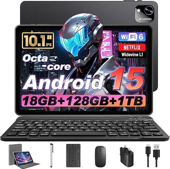 Raemond Android 15 Tablet 10 Inch with Keyboard Mouse, Octa-core CPU | RAM 18GB, ROM 128GB (Up to 1 TB), 800x1280 Widevine L1, WiFi 6 & Bluetooth 5.4, Dual Speakers, 5MP+8MP, 6000mAh, GPS