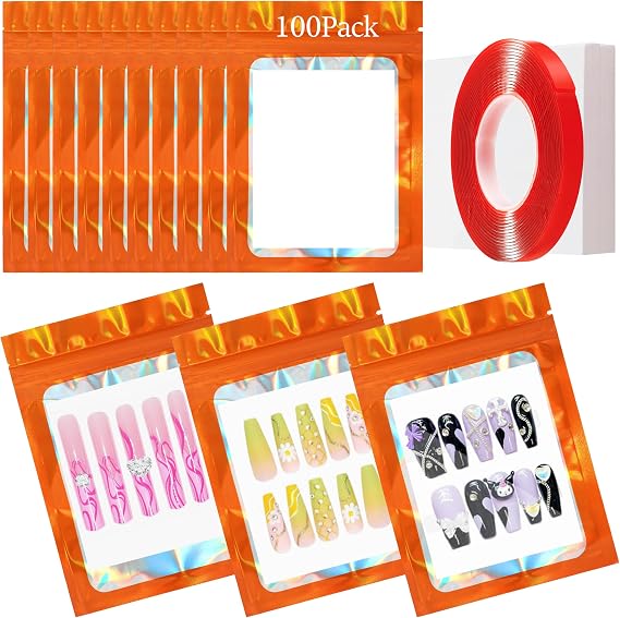 Qenk 100PCS Empty Holographic Nail Storage Bag Press on Nail Packaging Bag and 100PCS Shiny white cardboard Nail Tips Packaging Bags with 1 Roll Transparent Tape Orange