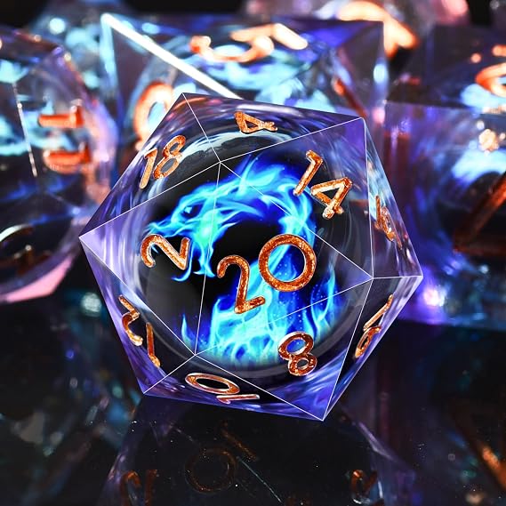 AUSTOR 7 Die DND Dice Set 7 Pieces Blue Flame Dragon Resin Dice with Case