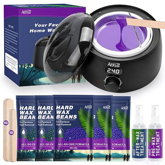 Waxing Kit- Anruz Women Men Wax Kit for Hair Removal - For Sensitive Skin, Eyebrows, Brazilian, Face, Bikini - Home Use Digital Wax Warmer with 5 Bags Hard Wax Beads (17.5 oz. total)