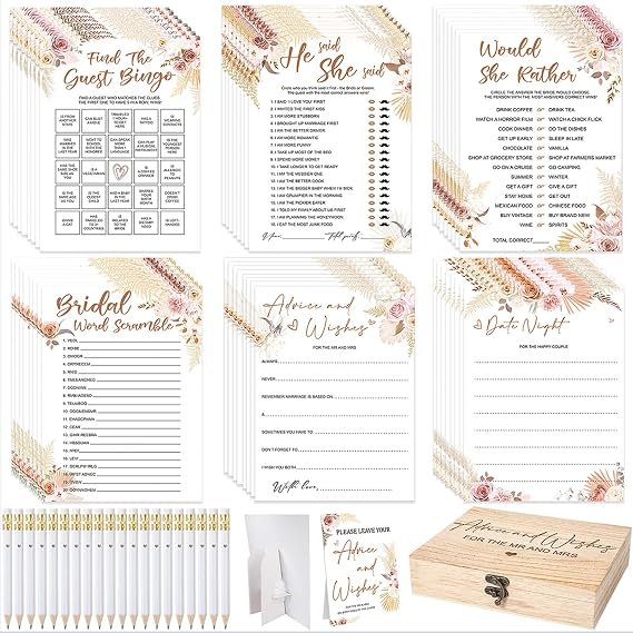 Silipull Bridal Shower Games Set for 50 Guests,Boho | with Wooden Box Sign 20 Pencils, Includes Bingo, He Said She Said, Scramble, Would She Rather, Advice and Wishes Wedding Game
