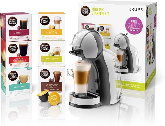 KRUPS Nescafé Dolce Gusto Mini Me, Single Serve Capsule Coffee Machine Starter Kit, Including 6 boxes of Coffee Pods, KP123B41, Arctic Grey and Black