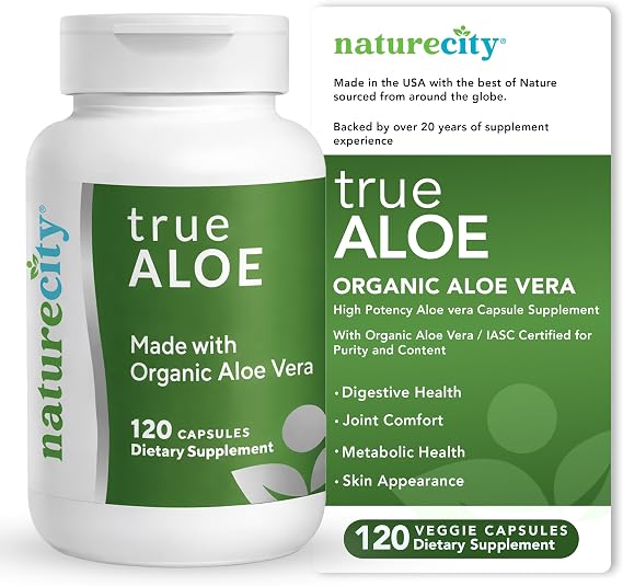 NatureCity TrueAloe Organic Aloe Vera Capsules - Supports Digestive Balance, Joints and Stomach Comfort - Plant-Based Aloe Barbadensis Powder - Easy-to-Swallow Single Ingredient Formula - 120 Caps
