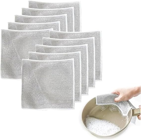 10PCS Multipurpose Dishwashing Rags, Silver Mesh Dishcloth, Dish Cloths for Washing Up Reusable Kitchen Cleaning Dish Towels Dish Cloths, Multifunctional Wire Dishcloth, Metal Scourer
