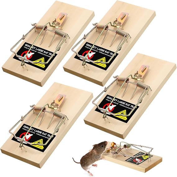 Qualirey 4 Pack Large Wooden Rat Traps, Heavy Duty Double Spring