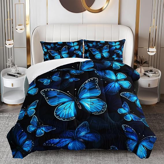 Blue Butterfly Bedding Sets Full Dreamy Butterfly Comforter Set for Girls Kids Teens 3 pcs Bed in a Bag Bedding Sets,Black Bed Set with1 Comforter and 2 Pillowcase