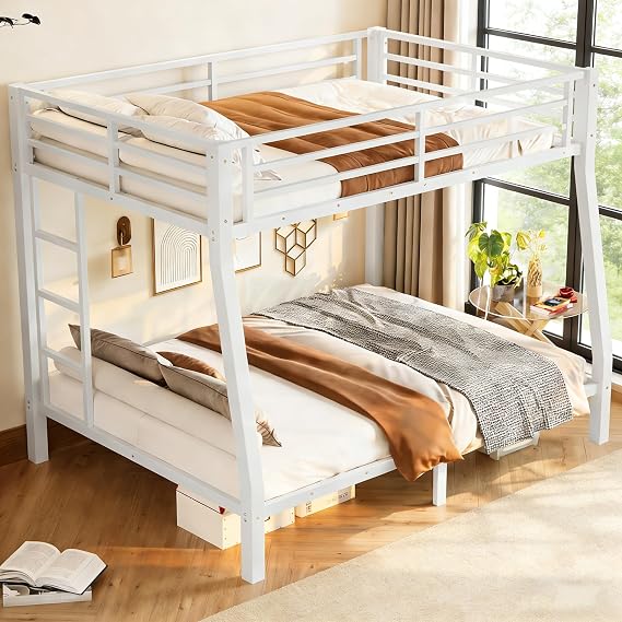 Full XL over Queen Metal Bunk Beds for Kids Teens Adults, Heavy-duty Metal Bunk Bed Frame with Guardrails, Ladders & Under-bed Storage for Bedroom Guest Room Dorms, Space-saving/Noise-reduce, White