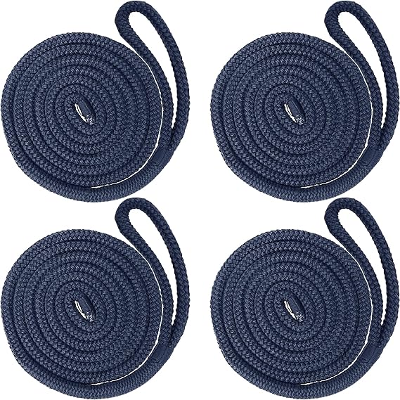 1/2" x 6' Boat Fender Lines (4-Pack) - Double Braided Nylon Dock Lines for Boats - Marine Grade Fender Ropes with 10" Eye Loop - Soft, Durable Boat Accessories for Pontoon and Small Boats