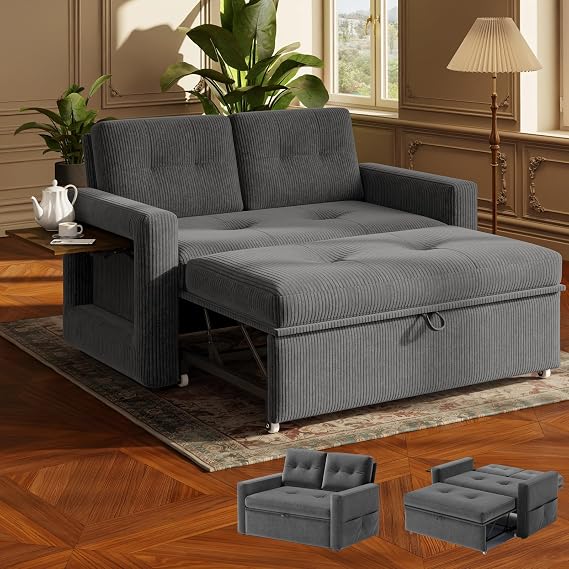 YOUDENOVA Sofa Bed with 5-Level Adjustable Backrest 2-Seater Sofa with Sleep Function Sofa Bed with Table Sofa Bed with Bed Function Extendable Couch 177 x 135 cm Cord Grey
