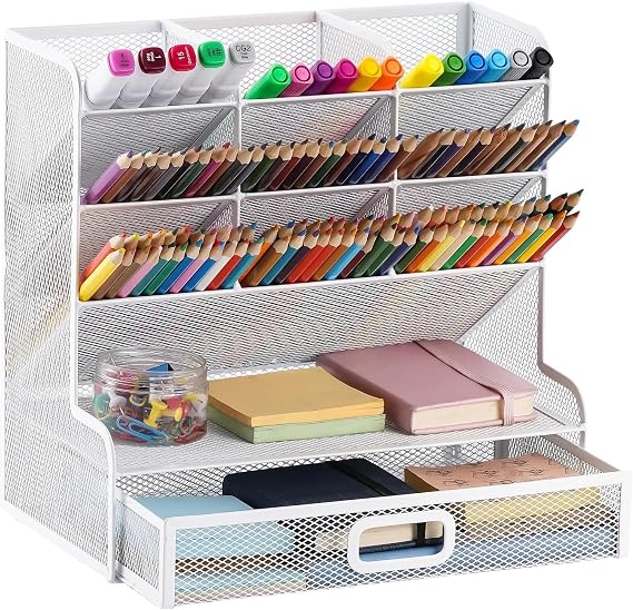 Marbrasse Mesh Desk Organiser, Multi-Functional Pen Holder, Desktop Stationary Organiser, Storage Rack for School, Home, Office, Art Supplies (White Pen Holder with Drawer)
