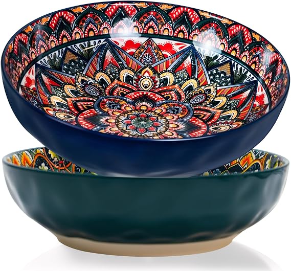 Large Serving Bowls, 10 inch Porcelain Bowls, 75 Oz Fruit Salad Soups & Pasta Bowls for Entertaining, Dinner, Party - Stylish Decorative Dishes, Set of 2, Microwave & Dishwasher Safe - GREEN