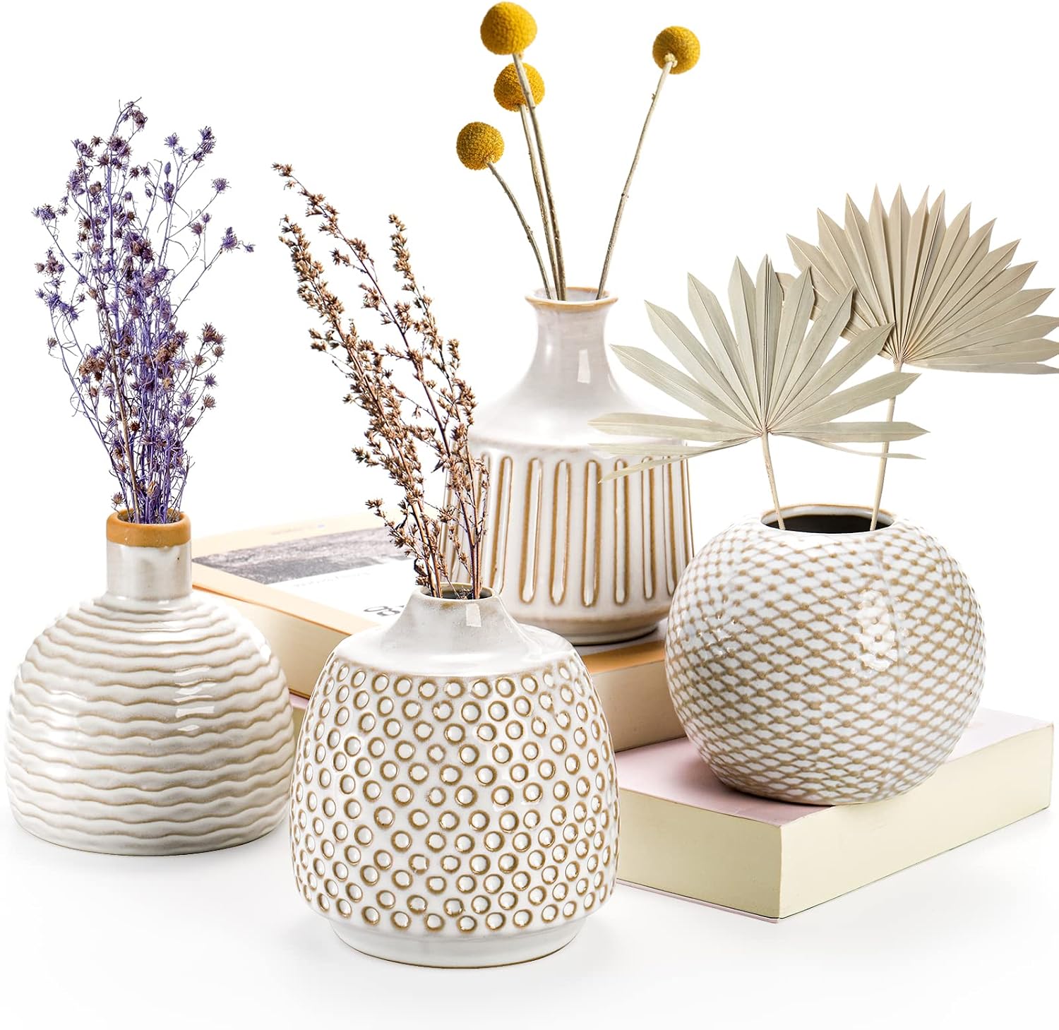 Hedume Set of 4 Terracotta Vases, Dip Glaze Ceramic Vase, Small Flower Vases Set, Decorative Vase for Pampas Grass & Dried Flowers, Modern Rustic Farmhouse, Idea Bookshelf Décor, Dining Table Decor