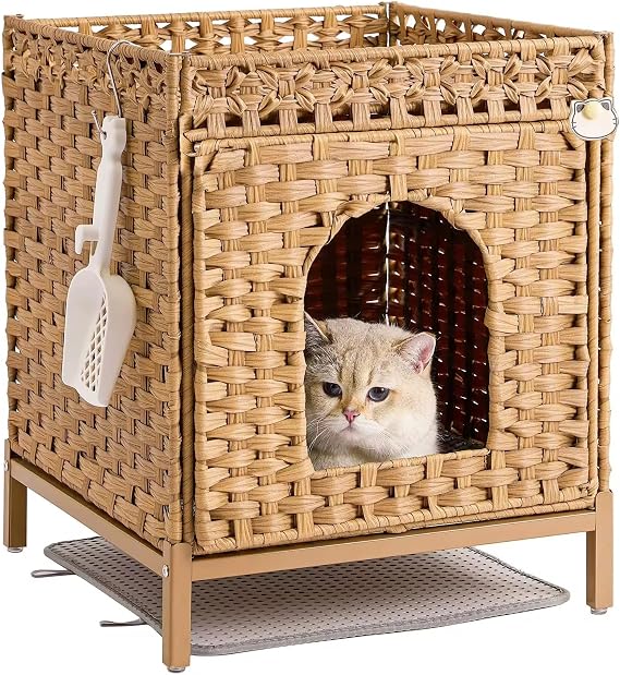 Cat Litter Box Enclosure,House Natural, Hand-Woven with Metal Stand, Easy to Clean, Including Rubber Ez Clean Mat Extra Large (18.5X20.5X19.1)