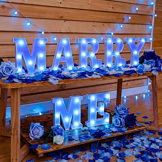 Roowest Marry Me Letters Light Proposal Decorations Set Includes 7 LED 6.3" Romantic Marry Me Sign and 1000 Rose Petals for Proposal Engagement Wedding Decor(Blue)