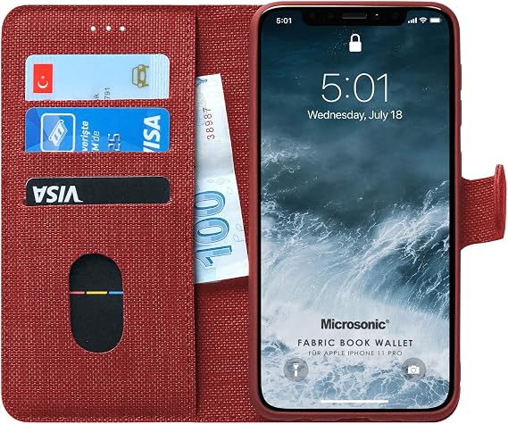 Microsonic Apple iPhone 11 Pro (5.8'') için Kılıf Fabric Book Wallet Kırmızı [iPhone 11 Pro ile Uyumlu Kılıf - Kırmızı]