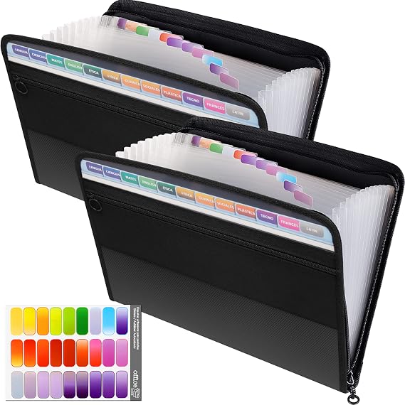 2 Pack Expanding File Folders A4, 13 Pockets Filing Accordion Folder Document Organiser w/ Zipper, Black Portable Wallet Document Bill Storage Expander w/ Colored Tags for Office & School