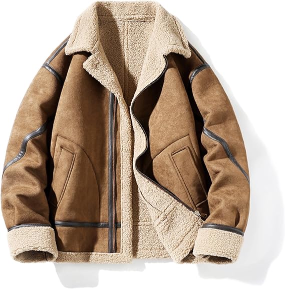 JEShifangjiusu Men's Faux Shearling Rancher Aviator Jacket Winter Fleece Lined Leather Coat Warm Vintage Bomber Jacket