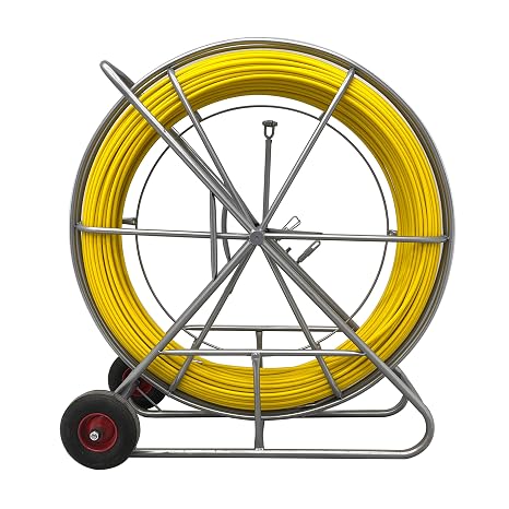 TECHTONGDA Fish Tape Fiberglass Wire Cable Running Rod Duct Rodder Fishtape Puller with Wooden Cage and Wheel Stand 12mm 820ft