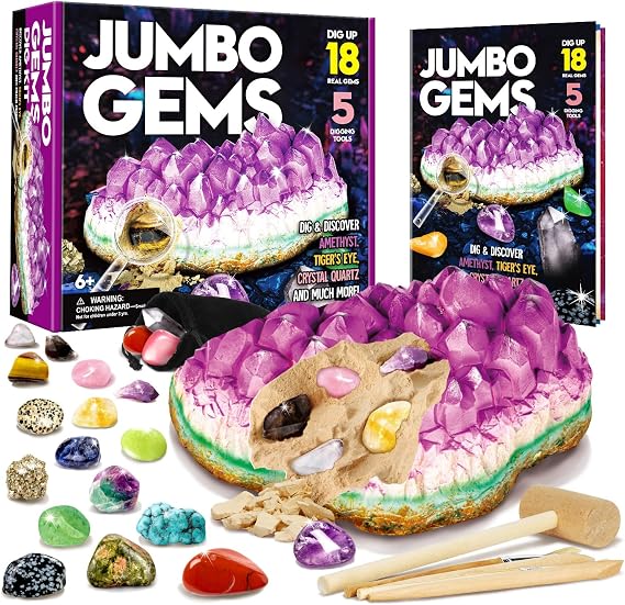 Jumbo Gem Dig Kit - Dig Up 18 Real Gemstones for Kids - Rocks and Minerals, Crystals Mining Science Kits Great Geology Archeology Gift for Boys & Girls Educational STEM Toys