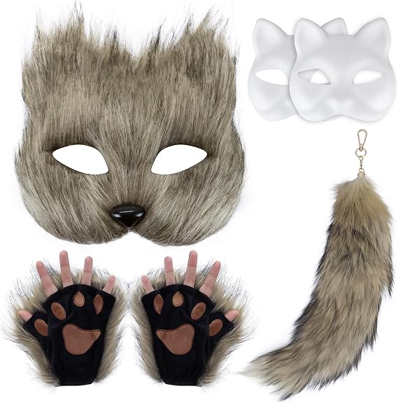 Cat Therian Furry Therian Fox Tail Set - Animal Mask Half Mask for Masquerade