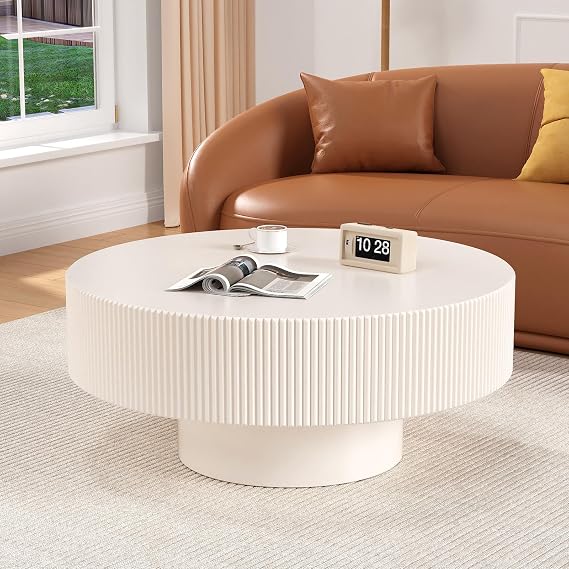 Handcrafted Round Grooved Coffee Table (Off White 78.5cm)