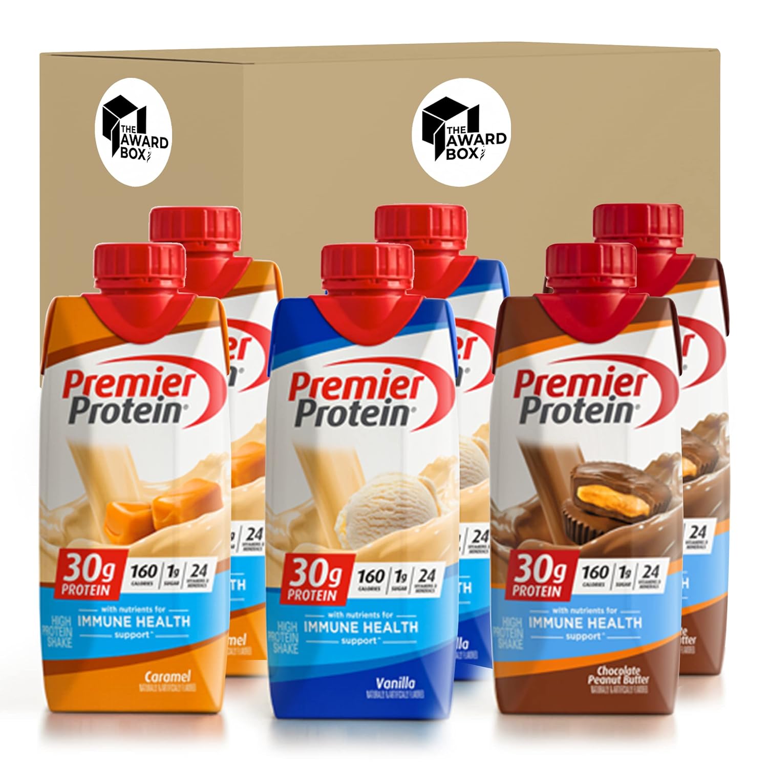 The Award Box Assortment of Premier Protein Shakes Caramel, Vanilla, Chocolate Peanut Butter Variety Pack 11 Fl. Oz | High Protein Shakes 2 Caramel, 2 Vanilla, 2 Chocolate Peanut Butter