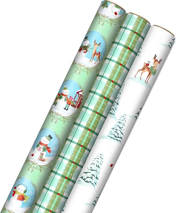 Hallmark Christmas Wrapping Paper Rolls, Holiday Gift Wrap (Pack of 3: 120 sq. ft. ttl) Storybook Critters, Snowmen, Green and Blue Plaid