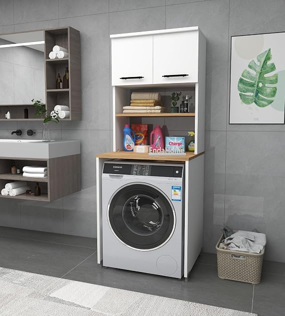 Çamaşır Makinesi Dolabı 3 Raflı Kapaklı Banyo Dolabı Beyaz - Atlantik Çam