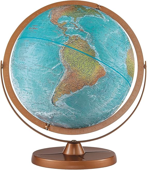 Atlantis 12" Diameter Globe, USA Cartography with Ocean and Mountain Relief and Sturdy Metal Base. True to its name, Atlantis features more ocean details than any other Replogle Globe. Brightly colored blue oceans show undersea physical features represented by embossed raised relief texture, taking this fantastic sphere to the next level. True to life land areas are also showcased with realistic coloring that perfectly illustrates the mountains, deserts, forests and grasslands of planet Earth making this globe one of a kind! The classic look of this stunning globe is complemented by its finished metal base and matching full swing gyro-matic mounting, with a fully numbered meridian. The meridian swings up or down to allow you a closer look of any area and provide you the most unobstructed view of the world we live in.