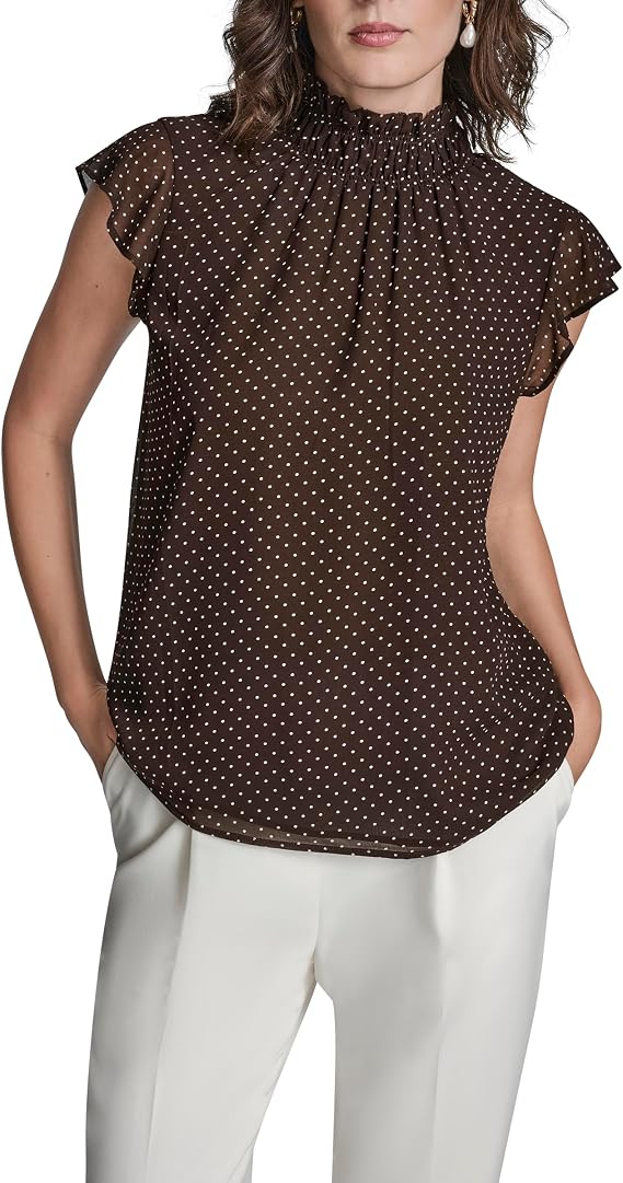 BCBG Women's Flutter Sleeve Ruffle Mock Neck Printed Blouse