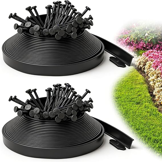 Landscape Edging for Garden Border, 118 ft Plastic Edging Borders for Lawn | 2-Inch Tall, Rubber No Dig Edging, 160 Stakes, Lawn Edging for Yard, Paver, Garden Bed, Landscaping