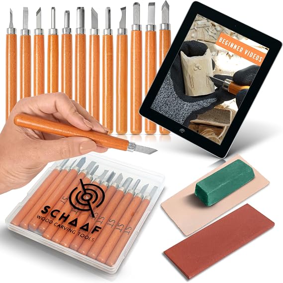 Schaaf Tools Wood Carving Kit, 12-pc mini chisel set, large handles