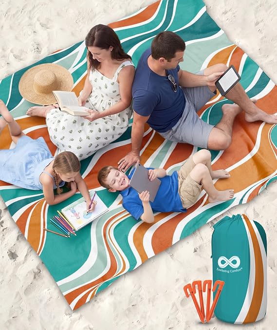 Everlasting Comfort Large Beach Blanket Waterproof & Sandproof - 80" x 80"/ 6.7ft x 6.7ft - Lightweight Picnic Mat, Camping Necessities for 4 People - Accessories for Outdoor Festivals - Orange