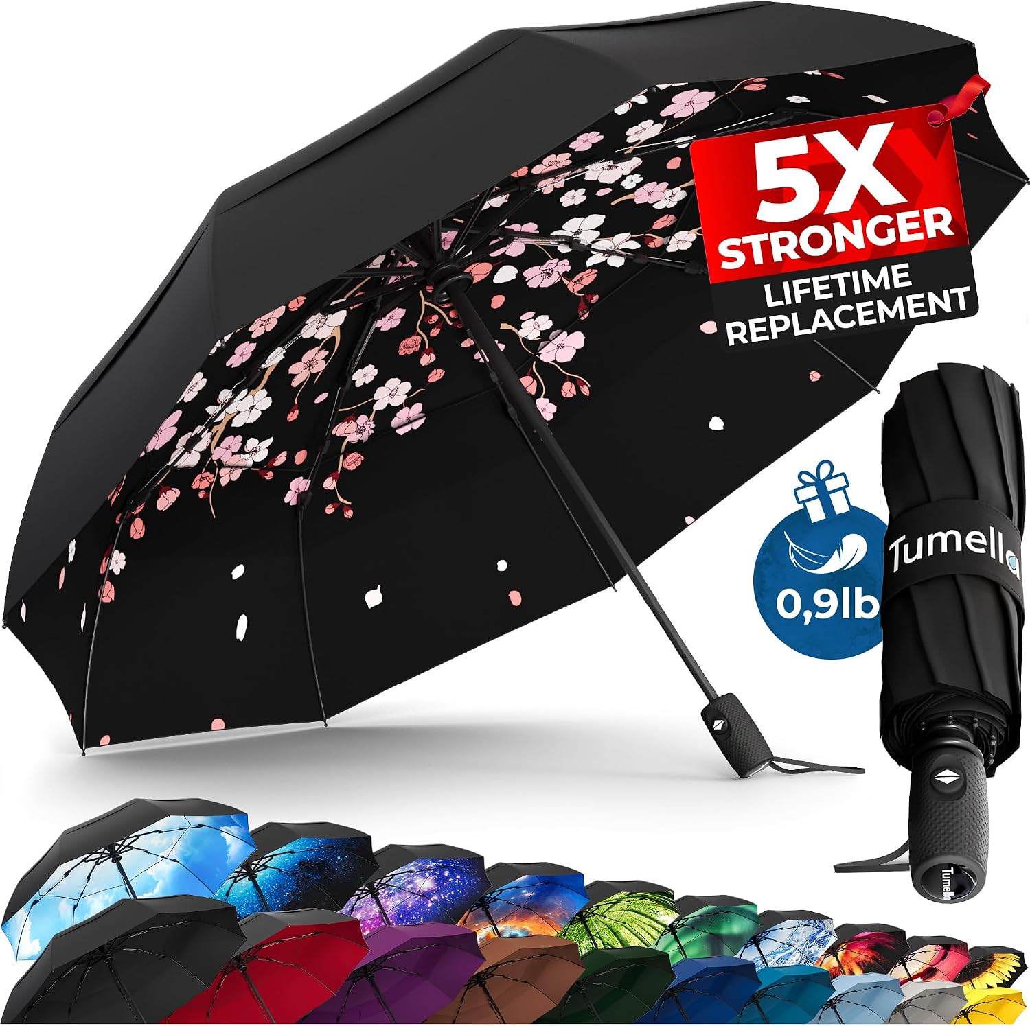 TUMELLA Strongest Windproof Travel Umbrella Compact, Superior & Beautiful, Small Strong but Light Portable and Automatic Folding Rain Umbrella, Durable Premium Grip, Fits Car & Backpack Black Pink