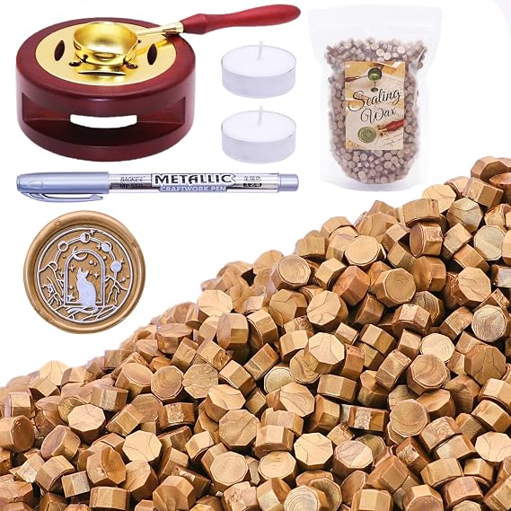 SWANGSA 1450pcs Sealing Wax Beads Kit with Wax Seal Warmer, Antique Gold